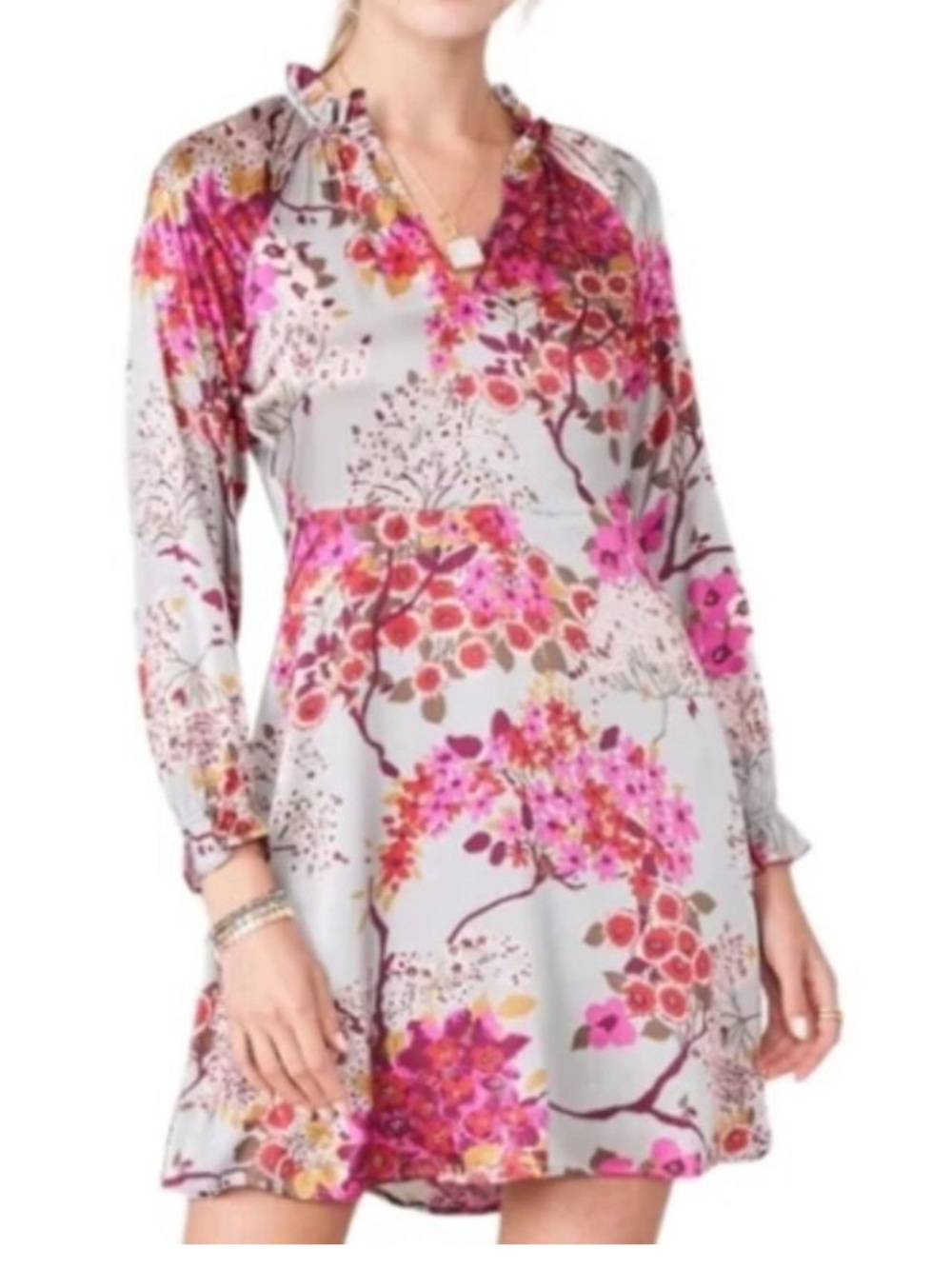 Spartina 449 100% Silk Floral Mini Dress | Gray Pink Print | XXL